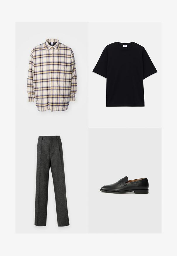 Kreemikas nööpidega särk siniste ja kollaste ruuduste mustritega. Pikkade varrukatega, mugav lõige ja klassikaline krae. Pehme, tekstureeritud kangas.; Must t-särk, lühikeste varrukatega, üle mõõdu, ümmarguse kaelusega ja nähtava Filippa K brändi sildiga kaelas.; Hallidehased hallid püksid tekstureeritud kangast, millel on kaks eesmist voldi ja sirge sääre disain. Pole nähtavaid taskuid ega kaunistusi.; Must musta loafers ümarate varvastega, peene tikandiga ja madala kontsaga, millel on sile tekstuur ja minimalistlik disain.