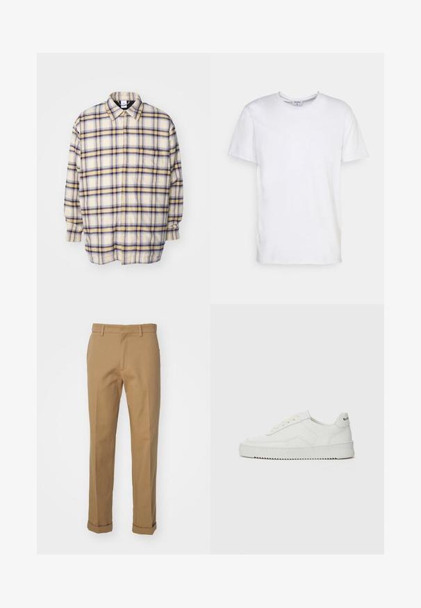 Camicia button-up color crema con motivi a quadri blu e gialli. Maniche lunghe, vestibilità rilassata e colletto classico. Tessuto morbido e testurizzato.; T-shirt bianco a maniche corte realizzato in cotone. Presenta un colletto rotondo e una vestibilità comoda, senza motivi o dettagli visibili.; Pantaloni di cotone marroni con taglio dritto, dotati di orlo arrotolato, due tasche frontali e una texture liscia.; Sneaker in pelle bianca con una finitura liscia, punta rotonda, lacci piatti e suola testurizzata. Presenta un logo discreto sul tallone.