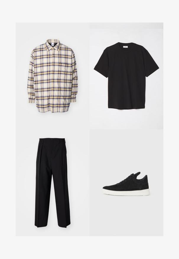 Koszula zapinana na guziki w kolorze kremowym z niebieskimi i żółtymi wzorami w kratkę. Długie rękawy, luźny krój oraz klasyczny kołnierzyk. Miękka, teksturowana tkanina.; Czarna bawełniana koszulka z okrągłym dekoltem, krótkimi rękawami i luźnym krojem. Prosty fason, gładka tekstura, brak widocznych wzorów lub logo.; Czarne plisowane spodnie o prostym, szerokim kroju nogawek. Wykonane z gładkiego materiału, z zapięciem na guzik i pętelkami na pasek.; Czarne zamszowe sneakersy z białą gumową podeszwą, z tonalnym przeszyciem i sznurowanym zapięciem. Gładka tekstura, nowoczesny, smukły kształt.