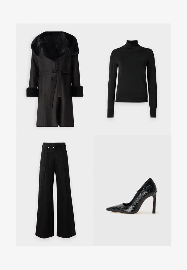 Sort frakke med bred krave i kunstpels, teksturerede manchetter og bælte i taljen. Glat materiale med en lige silhuet og åben front.; Sort langærmet turtleneck sweater med ribbede manchetter og kant, vist på en simpel hvid baggrund.; Sorte brede bukser med høj talje, som har store sidelommer, to forreste knapper og en løkke-detalje. Lavet af holdbart materiale.; Sorte spidse tå stiletto-sko i krokodilleskind med et strømlinet design, høj hæl og glat sort inderside.