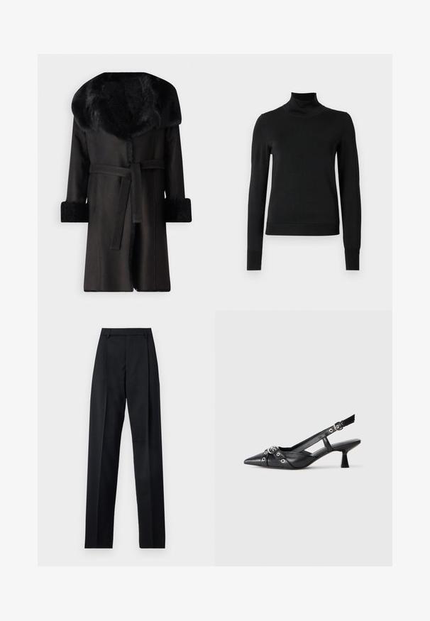 Musterniga mustal mantel laia faux fur kraega, tekstuurse mansetiga ja vöödiga taljes. Sile materjal, otse siluett ja avatud eesosa.; Mustmusterta mustaga pikkade varrukatega kõrge kaelusega sviiter, millel on ribakudumisega mansetid ja äär, esitatud lihtsal valgel taustal.; Mustad püksid siledast kangast, millel on kõrge vöökoht, laiad jalad, esimesed kortsud ja klassikalised vööloopid. Küljepockets pole nähtavad.; Must must have must toote tõmblukuga, dekoratiivsed rihmad metallist silmadega ja madal blokk-kand. Tekstureeritud pind.