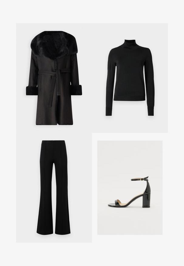 Musterniga mustal mantel laia faux fur kraega, tekstuurse mansetiga ja vöödiga taljes. Sile materjal, otse siluett ja avatud eesosa.; Mustmusterta mustaga pikkade varrukatega kõrge kaelusega sviiter, millel on ribakudumisega mansetid ja äär, esitatud lihtsal valgel taustal.; Mustad põlvpüksid kõrge vöökohaga, valmistatud venivast kangast. Esiküljel on vertikaalsed õmblusdetailid ja sile tekstuur.; Must musta nahk sandaalid laia kanna, avatud varvaste ja ankletihaga, millel on kuldne pandla. Sile tekstuur ja elegantne disain.