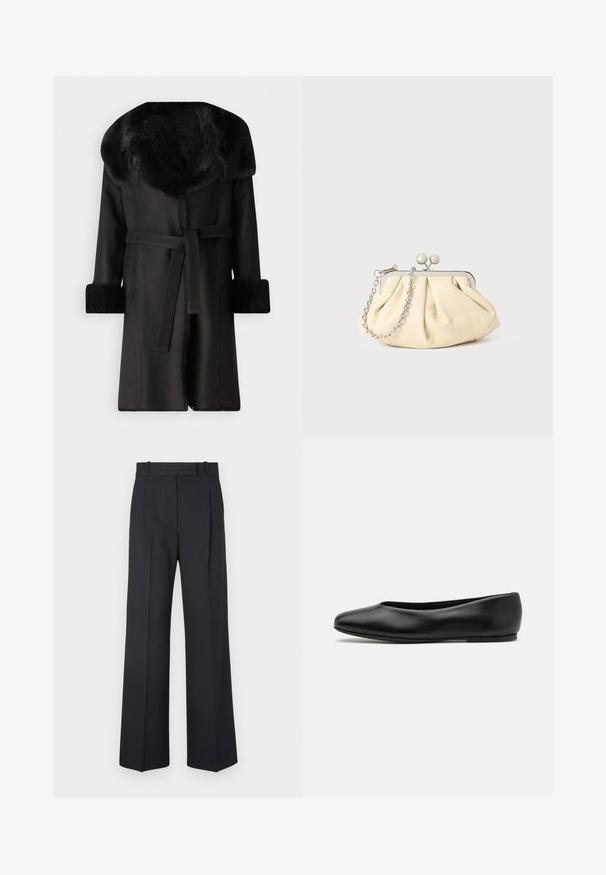 Sort frakke med bred krave i kunstpels, teksturerede manchetter og bælte i taljen. Glat materiale med en lige silhuet og åben front.; Sort striktrøje med lange ærmer, rund halsudskæring og et lille hvidt hjerte på brystet. Blød tekstur og ribbede manchetter og kant.; Mørkeblå stribede bukser med høj talje, vidde bendesign og ingen synlig hardware eller dekorationer. Glat tekstur og skræddersyet pasform.; Paul Smith TOPANGA - Ballerinasko - black; Plisseret beige læderclutch med en sølvmetalramme, der har to runde dekorative låse og en sølvkædetrasporte.