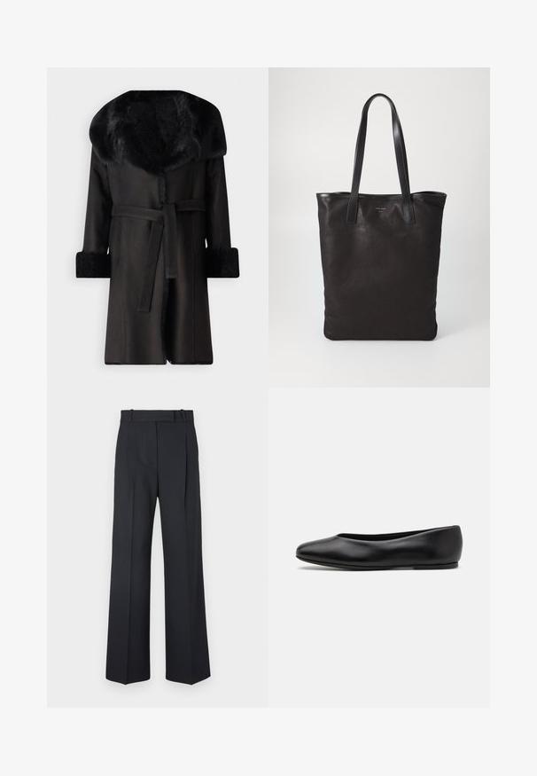 Black coat with a wide faux fur collar, textured cuffs, and a belt at the waist. Smooth material with a straight silhouette and open front.; White long-sleeve button-up shirt with a pointed collar, single chest pocket, and cuffed sleeves. Made of smooth, lightweight fabric.; Dark blue pinstriped trousers with a high waist, wide leg design, and no visible hardware or embellishments. Smooth texture and tailored fit.; Paul Smith TOPANGA - Ballet pumps - black; Black canvas tote bag with black leather handles. Simple design, spacious body, and a smooth texture. No visible logos or patterns.