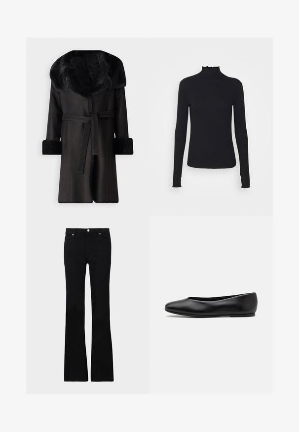 Black coat with a wide faux fur collar, textured cuffs, and a belt at the waist. Smooth material with a straight silhouette and open front.; Black long-sleeve turtleneck top made of smooth fabric, featuring a ruffled neck and fitted silhouette with simple edges.; Black flared jeans made of denim, featuring two front pockets, a button closure, and a smooth texture. Signature stitching visible at seams.; Paul Smith TOPANGA - Ballet pumps - black