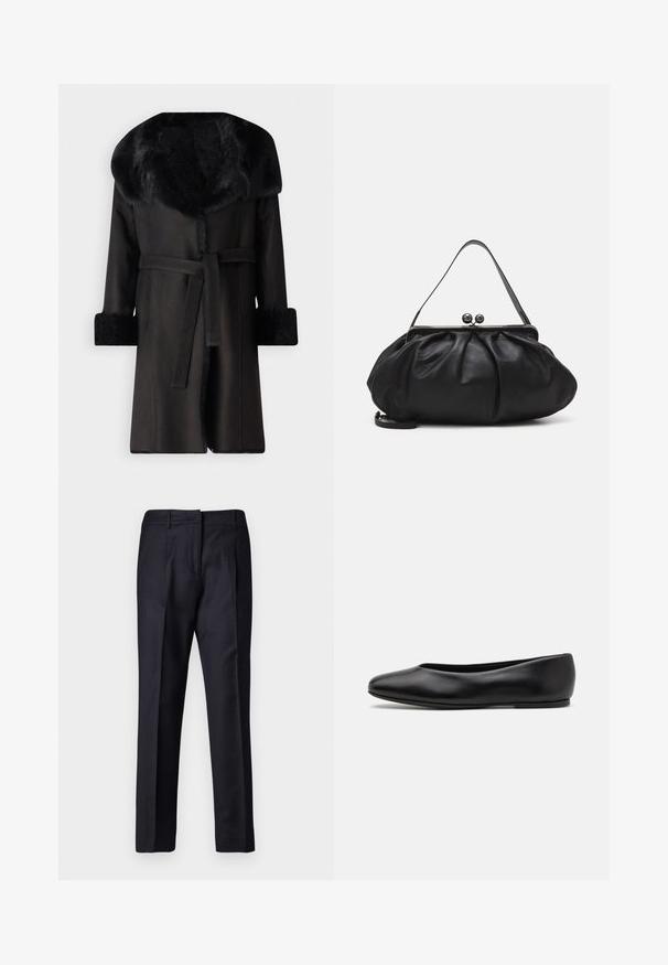 Schwarzer Mantel mit breitem Kunstfellkragen, strukturierten Manschetten und einem Gürtel in der Taille. Glattes Material mit gerader Silhouette und offenem Vorderteil.; Schwarz, langärmliges Turtleneck-Oberteil aus glattem Material, mit einem gerafften Kragen und einer enganliegenden Silhouette mit einfachen Kanten.; Marineblaue, maßgeschneiderte Hosen mit glatter Textur, flachem Frontdesign, doppelten Falten und Gürtelschlaufen. Gerader Schnitt, mit umgeschlagenem Saum.; Paul Smith TOPANGA - Klassischer Ballerina - black; Schwarze Lederhandtasche mit einer runden, gefalteten Form. Verfügt über einen metallischen Verschluss mit zwei dekorativen Kugeln und einem schmalen, abnehmbaren Tragegurt.