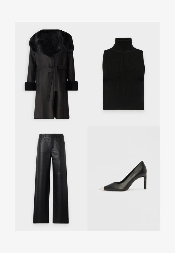 Čierny kabát so širokým golierom z umelého kožúška, textúrovanými manžetami a opaskom v páse. Hladký materiál s rovnou siluetou a otvoreným predným dielom.; Čierny bezrukávový rolák s rebrovanou textúrou a priliehavým strihom. Hladká tkanina s vysokým golierom a bez ďalších ozdôb.; Čierne kožené nohavice s širokými nohavicami a hladkou textúrou, s prednými vreckami, zapínaním na gombík a jemnými švovými detailmi.; Čierna kožená lodička s vysokým opätkom, špičkou a kovovou striebornou špičkou. Má hladký povrch a štíhly 10 cm opätok.