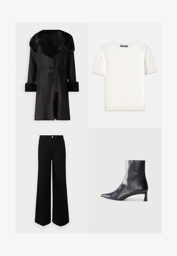 Schwarzer Mantel mit breitem Kunstfellkragen, strukturierten Manschetten und einem Gürtel in der Taille. Glattes Material mit gerader Silhouette und offenem Vorderteil.; Weißes kurzärmliges Strickoberteil mit rundem Halsausschnitt, das eine glatte Textur und subtile Rippakzente an den Ärmeln und dem Saum aufweist.; Schwarze weit geschnittene Jeans aus strapazierfähigem Material, mit hoher Taille, Fronttaschen und einem Knopfverschluss vorne. Flacher Saum am Boden.; Schwarze Lederstiefelette mit spitzer Zehe und schlankem Design. Verfügt über einen niedrigen Absatz und einen Reißverschluss hinten. Glatte Textur.