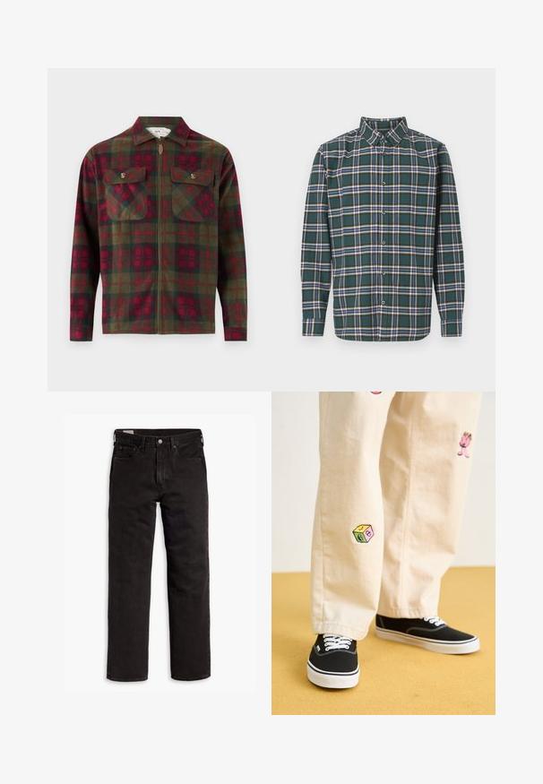 Tamsiai žalia ir raudona languota flanelinė marškinė su užtrauktuku, dviem krūtinės kišenėmis su dangteliais ir apykakle.; Žalias flanelinis marškinis, puoštas plaidiniu raštu su mėlynomis, baltomis ir garstyčių geltonumo linijomis. Mygtukais užsegama priekinė dalis ir smailas apykaklė. Ilgos rankovės.; Juodos tiesios kojų džinsinės kelnės su penkiomis kišenėmis, mygtuko užsegimu ir diržo kilpomis, išdėstytos plokščiai ant balto fono.; Bežinės medvilninės kelnės su žaismingais siuvinėjimais, įskaitant rožinį personažą ir spalvotą bloką, derinamos su juodais bateliais su raišteliais.