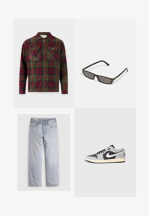 Rutig flannel skjorte i mørkegrøn og rød med lynlåslukning, to brystlommer med klap og krave.; Hvid kortærmet T-shirt lavet af blød bomuld, med rund halsudskæring og standard pasform, uden mønstre eller synlig hardware.; Lyseblå denimjeans med afslappet fit, med knap- og lynlås-lukning, bæltestropper og fem lomme-stil. Slidt tekstur på stoffet.; Nike Air Jordan 1 Low i grå og sort ruskind med hvide accenter. Har en polstret sål og det klassiske Nike swoosh-logo.; Sorte rektangulære solbriller med mørke linser. Plastisk ramme med mat finish. Guld accenter på stængerne og logo branding.