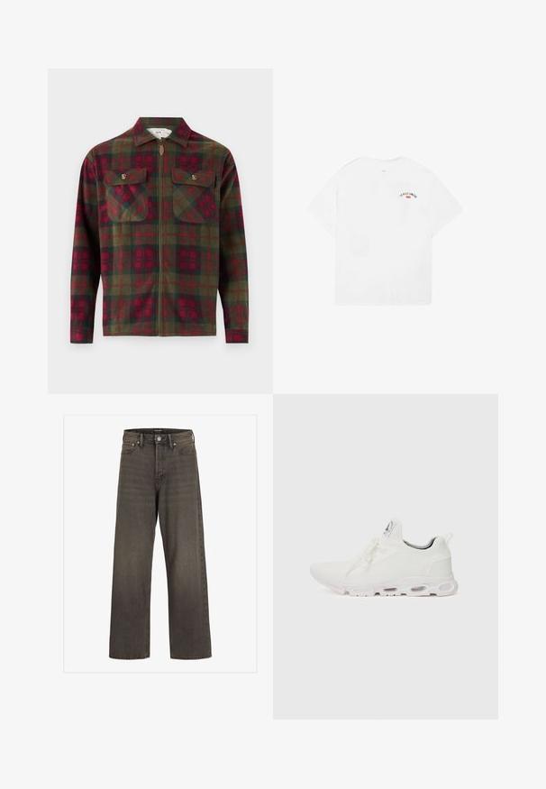 Rutig flannel skjorte i mørkegrøn og rød med lynlåslukning, to brystlommer med klap og krave.; Hvid bomulds t-shirt med korte ærmer, rund halsudskæring, og et lille grafisk motiv med teksten “LA VILLE LUMIÈRE” i sort og rød på den øverste del af ryggen.; Bredde ben jeans i mørkegrå denim med høj talje, klassisk fem-lommer design og kontrasterende syninger langs sømmene.; Hvide atletiske sko med en tekstureret strikket overdel, flade snørebånd og en polstret sål med synlige luftkamre for ekstra støtte.