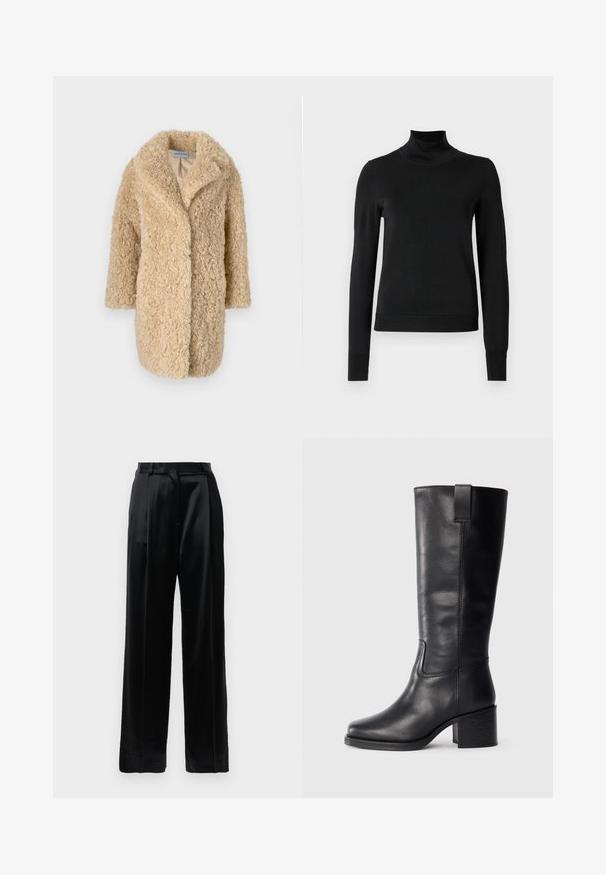 STAND STUDIO CAMILLE COAT - Téli kabát - natural beige; Fekete, hosszú ujjú garbós pulóver bordás mandzsettákkal és aljjal, sima fehér háttér előtt bemutatva.; Fekete magas derekú selyem nadrág, egyenes, széles lábakkal, övhurkokkal és lapos elülső záródással, sima fehér háttér előtt.; Fekete bőr, térd fölé érő csizmák sima textúrával, négyzetes orral, tömbsarkúval és oldalsó húzófüllel, minimális varrási részletekkel.
