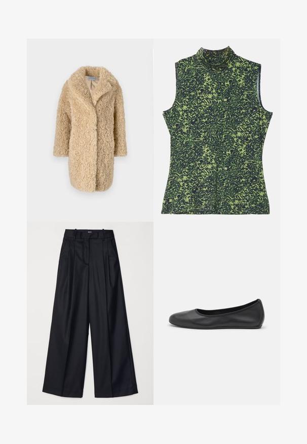 STAND STUDIO CAMILLE COAT - Ziemas mētelis - natural beige; Zaļa un tumši zilā raksta bezpieces tērps ar augstu apkakli, ar teksturētu, organisku dizainu. Mīksta auduma, brīva piegriezuma.; Melnas platas kājas bikses no gludas auduma, ar augstu jostasvietu, krokām un pielāgotu dizainu. Vienkārša melna aparatūra jostasvietā.; Melna ādas baleta kurpe ar noapaļotu purngalu, gludu tekstūru, minimālu šuvju detalizāciju un elastīgu zoles dizainu.