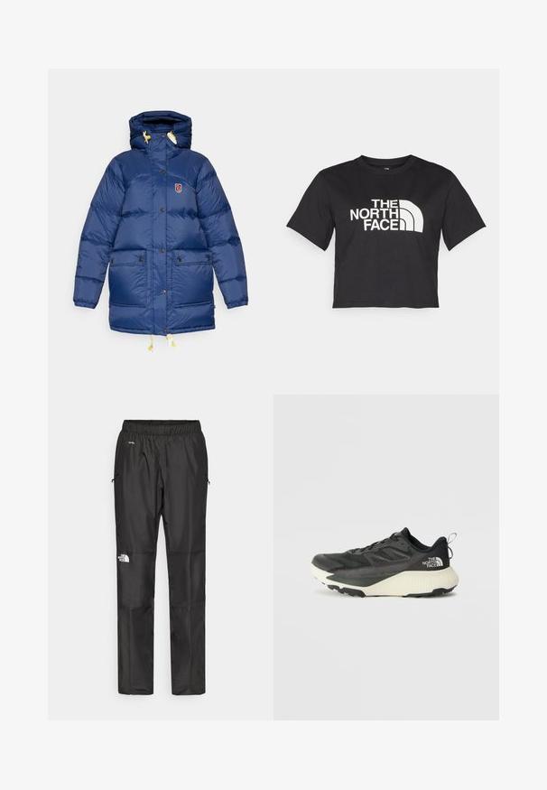 Jūras spēku zilā pūkainā jaka ar kapuci, kurai ir logotipa plāksnīte, dzeltenie auklas, un divas priekšējās kabatas ar pogu aizvēršanu. Gluda tekstūra.; Melnā īsā t-kreklā no kokvilnas, ar baltu logo un izliektiem akcentiem, uz kura ir uzraksts "THE NORTH FACE" priekšpusē. Īsas piedurknes, apaļa izgriezuma kakla daļa.; Melnas ūdensnecaurlaidīgas bikses, kas izgatavotas no viegla materiāla, ar elastīgu jostu, sānu kabatām un logotipu uz kreisās kājas.; Melna sporta kurpe ar teksturētu augšdaļu, kurai ir pelēki akcenti un balts vidusdaļa. Ietver vilkšanas cilpu un izteiktu zīmola logo uz papēža.