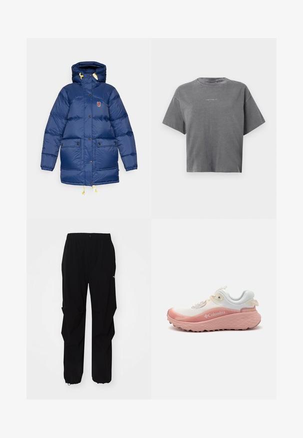 Marinblå puffjacka med huva, med en logotypapplikation, gula dragsnoddar och två framfickor med knappstängning. Slät textur.; Grå kortärmad croppad T-shirt med rund halsringning och liten centrerad vit "carhartt" logotyp fram.; Svarta utomhusbyxor gjorda av slitstarkt material, med en avslappnad passform, elastisk midja och indragna muddar för justerbar längd.; Columbia damernas löparskor med en vit textiloverspeed och rosa gummisula, texturerade detaljer och en logotyp på sidan.