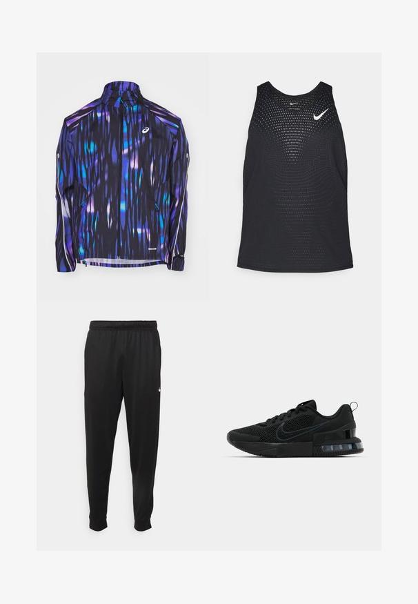 ASICS ROAD LITE SHOW JACKET - Vindjakke - blue expanse; Sort svart treningssinglet med perforert tekstur og rund hals. Har en hvit Nike-logo på brystet.; Svarte treningsbukser laget av glatt stoff, med elastisk midje, smale ben og en liten hvit logo på venstre side.; Svart Nike treningssko med mesh-overdel, gummisåle, polstret krage og en distinkt gjennomsiktig hældetalj.