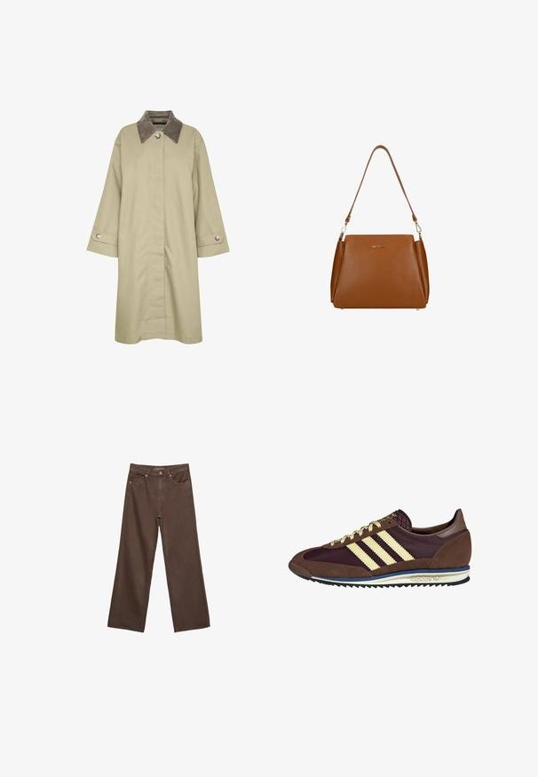 Khakifarbener Mantel mit einem strukturierten grauen Kragen, Knopfverschluss und weiten Ärmeln. Verfügt über seitliche Schlitze und metallene Knopfakzente.; Strukturierter Pullover mit horizontalen Streifen in Braun-, Blau-, Gelb- und Grüntönen, gefertigt aus flauschigem Garn. Markenetikett sichtbar.; Weite braune Jeans aus Denim, mit hoher Taille, Fronttaschen und klassischem Knopfverschluss. Glatte Textur mit feinen Nähten.; Braune und burgunderfarbene Sneaker aus Wildleder und Mesh-Materialien, mit drei cremefarbenen Streifen, strukturiertem Stoff an der Zunge und einer Gummisohle.; Braune Ledertasche mit strukturierter Oberfläche, einem einzelnen Schulterriemen und einem dezenten Logo auf der Vorderseite. Verfügt über ein strukturiertes Design.