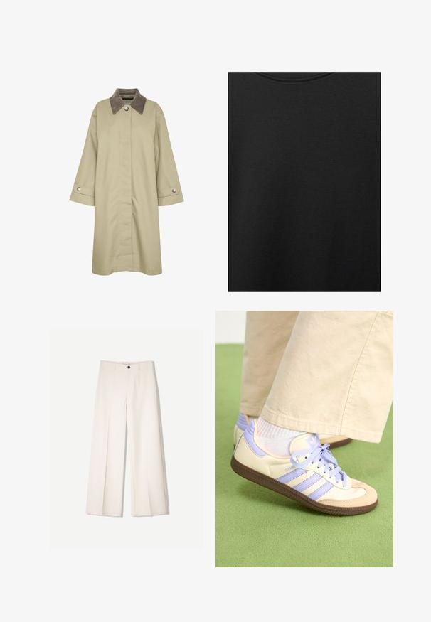 Khaki kabát texturált szürke gallérral, gombos záródással és széles ujjaival. Oldalsó hasítékokkal és fém gomb díszekkel rendelkezik.; Fekete pamut anyag sima textúrával és kerek nyakkivágással, finom, egyenletes szemcsés mintázattal. Nincsenek látható logók vagy díszítések.; Tejbézs széles lábú nadrág, szabott kialakítással, két elülső zsebbel és egyetlen elülső gombos záródással, sima anyagból készült.; Krém és levendula színű sportcipők három csíkkal és texturált barna talppal, fűzőkkel és párnázott sarokkal. Puha anyagú felsőrész.