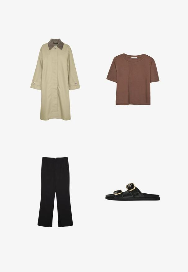 Khaki frakke med en struktureret grå krave, knaplukning og brede ærmer. Har sideslids og metal knapdetaljer.; Brun kortærmet t-shirt lavet af blødt stof, med rund halsudskæring og afslappet pasform. Ingen synlige mønstre eller detaljer.; Sorte bukser med lige pasform, der har frontlommer og slidser i kanten. Lavet af blødt, glat stof. Velegnet til forskellige anledninger.; Sort skridsandal med to guldspænder, glat tekstureret materiale, flad sål og et minimalistisk design.