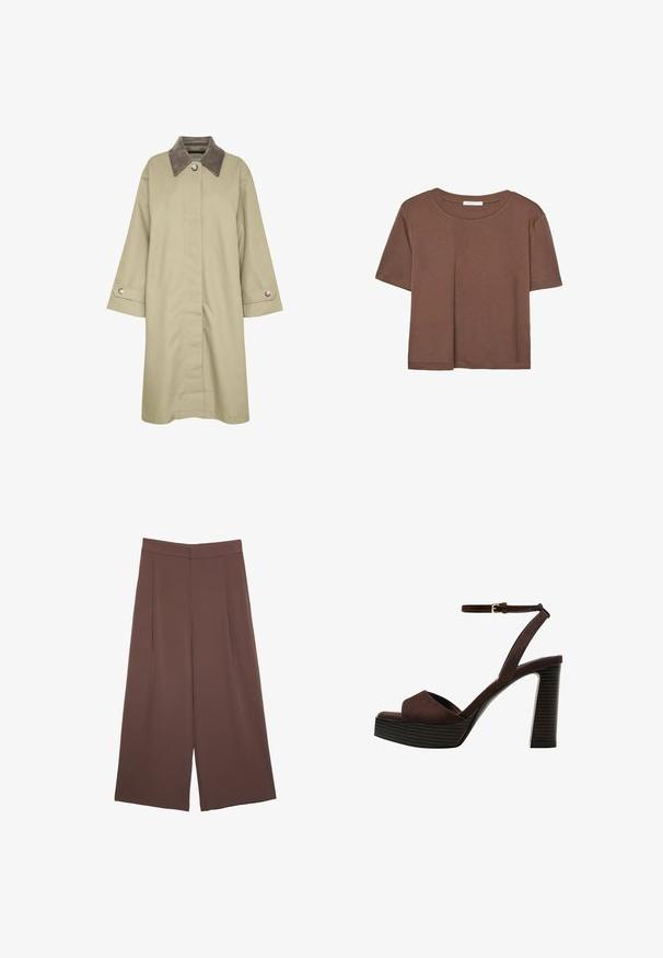Khaki kabát s textúrovaným šedým golierom, zapínaním na gombíky a širokými rukávmi. Obsahuje bočné rozpark a kovové gombíkové detaily.; Hnedé tričko s krátkym rukávom vyrobené z jemného materiálu, s okrúhlym výstrihom a voľným strihom. Žiadne viditeľné vzory ani akcenty.; Hnedé nohavice so širokými nohavicami a hladkou textúrou, s vysokým pásom a prednými skladmi. Tkanina je ľahká a voľne sa pohybuje.; Hnedé semišové sandále na vysokom podpätku s otvorenou špičkou, nastaviteľným členkovým remienkom a pruhovanou platformovou podrážkou.