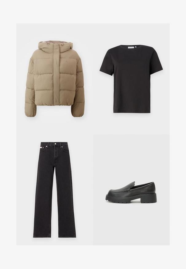 Calvin Klein pufasta jakna u bež boji s kapuljačom, s kutijastim dizajnom, kviltanom teksturom i elastičnim manžetama. Logo diskretno urezan sprijeda.; Crna pamučna majica s kratkim rukavima, okruglim izrezom i jednostavnim, čistim dizajnom. Nema vidljivih uzoraka ili ukrasa.; Crne široke traperice od denima, s visokim strukom, pet džepova i metalnim zatvaranjem s kontrastnim šavovima.; Crne kožne loaferice s zaobljenim vrhom, debelim teksturiranim potplatom i minimalnim detaljima šivanja. Elegantna izrada bez vidljivih vezica ili metalnih elemenata.