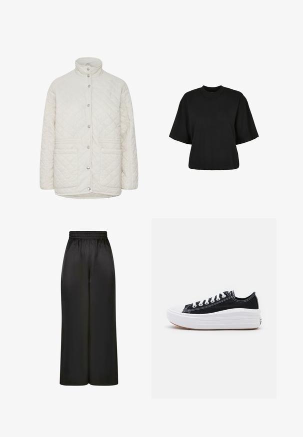 Gequilted crèmekleurige jas met een staande kraag, drukknopen aan de voorkant en twee voorzakken. Gelaagd ruitpatroon over de gehele jas.; Zwart cropped t-shirt van katoen. Heeft korte mouwen en een ronde halslijn. Glad materiaal met een eenvoudig ontwerp, geen extra patronen.; Zwarte wijde broek gemaakt van soepel, glanzend materiaal met een elastische tailleband en zonder zichtbare zakken of hardware-details.; Zwarte canvas sneakers met witte veters, een witte rubberen teenkap en een chunky witte tussenzool. Bevat subtiele witte stiksels en een gumzool.