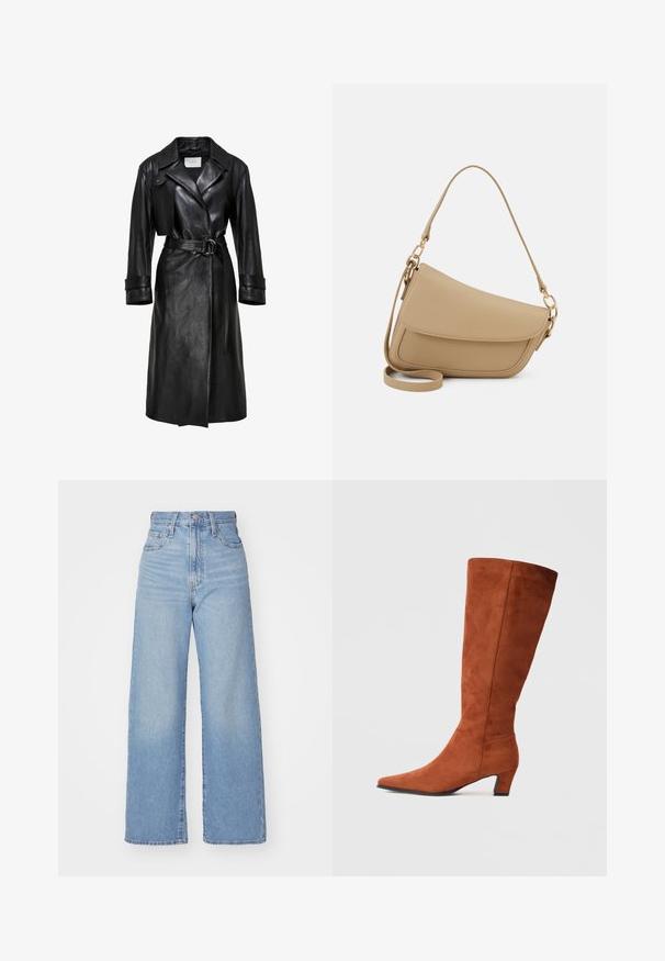 Palton din piele neagră, cu revere late, talie cu curea și cataramă dublă, mâneci lungi și curele la manșete.; Bluză cu mânecă lungă din satin ușor maro, cu guler, închidere cu nasturi și croială ajustată, cu tiv drept.; Jeans cu talie înaltă, de culoare albastru deschis, cu croială largă, dotate cu nasture și fermoar la față, buzunare în față și spate, pe un fundal alb.; Botă maro din suede, până la genunchi, cu vârful ascuțit și un toc mic, având o textură netedă și un design minimal.; Even&Odd Geantă de mână - beige
