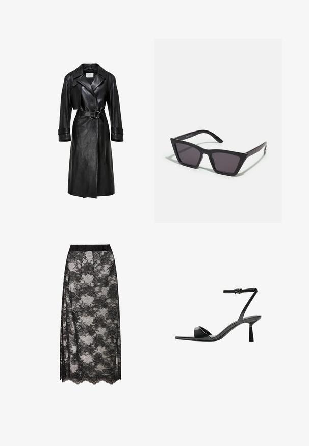 Cappotto trench in pelle nera con ampi rever, vita con cintura e fibbia a doppio anello, maniche lunghe e cinturini ai polsini.; Maglione a collo alto nero a coste, maniche corte, design aderente, texture morbida, cuciture minime e colletto alto.; Gonna nera in pizzo con orlo scallop, caratterizzata da un motivo floreale e una trama trasparente. Vita elastica per un comfort ottimale.; Bershka Sandali con tacco - black; Occhiali da sole neri e angolari con lenti grigie; realizzati in plastica, con aste spesse dalla superficie liscia e senza hardware visibile.; Borsa a spalla in pelle nera intrecciata con una forma morbida e ampio manico. Caratterizzata da un design testurizzato e intrecciato con una finitura liscia.