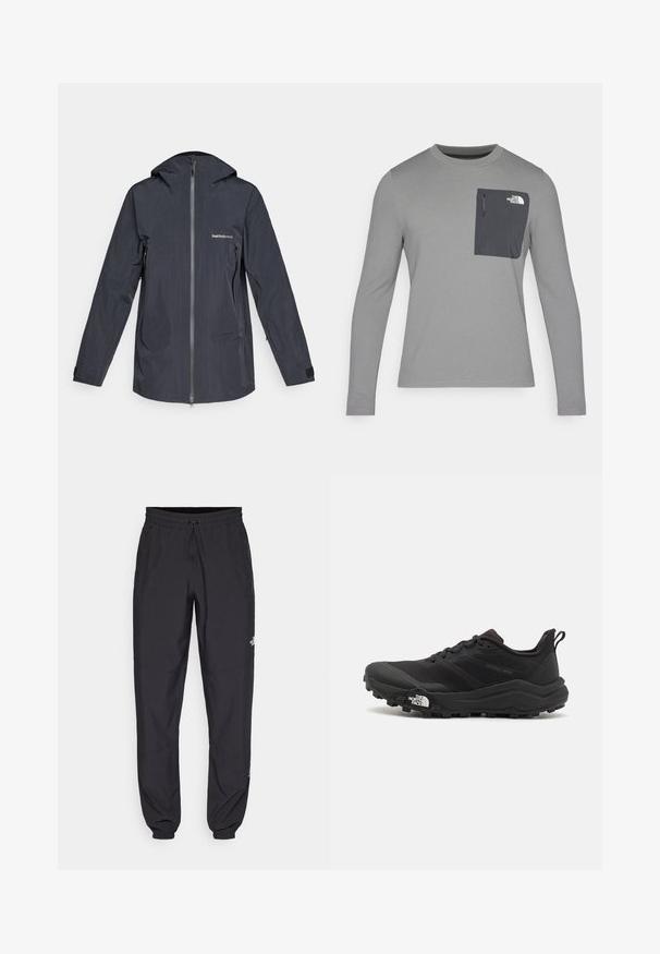Ciemnoszara wodoodporna kurtka z kapturem, z pełnym zamkiem z przodu, zamykanymi kieszeniami po bokach oraz logiem "Peak Performance" na klatce piersiowej.; Szara koszula z długim rękawem o teksturowanej tkaninie, z ciemnoszarym kieszonką na piersi i zapięciem na zamek. Logo na kieszeni w kolorze białym.; Czarne spodenki sportowe wykonane z lekkiego materiału, z elastycznym pasem na sznurek, bocznymi kieszeniami i zwężanymi mankietami przy kostkach.; Czarne buty do biegania w terenie z teksturowaną cholewką, gumową podeszwą i wzmocnionym noskiem. Posiadają wyściełany kołnierz oraz uchwyt do łatwego zakładania.
