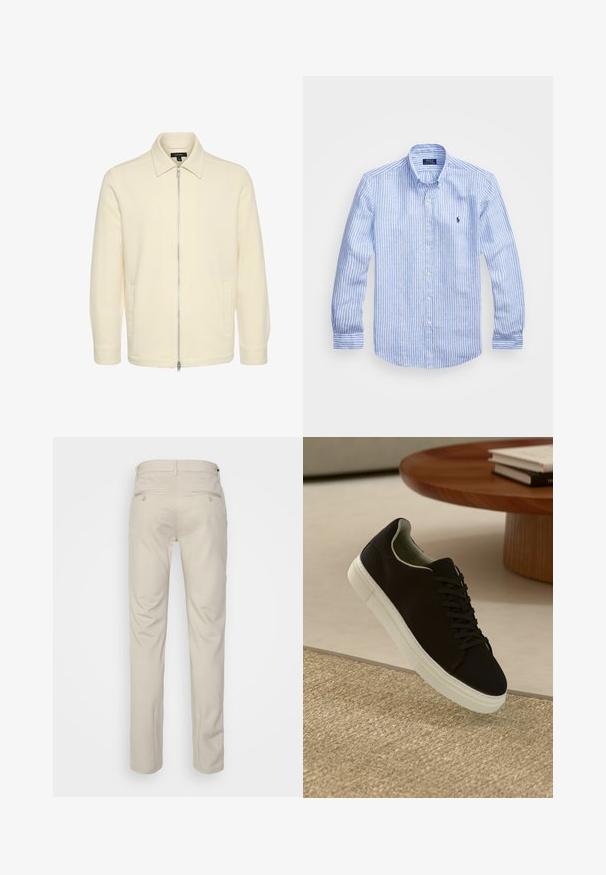 Jakna kremne barve s ostrim ovratnikom, polnim sprednjim zadrgo in stranskimi žepi; izdelana iz teksturirane tkanine z gladkim zaključkom.; Modra in bela prugasta srajca z dolgimi rokavi iz bombaža, s kragnico na gumb, sprednjimi gumbi in majhnim izvezenim logotipom na prsih.; Bež hlače z gladko teksturo, ravnega kroja, dvema zadnjima žepoma z gumbi in standardnim pasom.; Črni športni copat z belim podplatom lebdi nad bež teksturiranim preprogam blizu okroglega lesenega mize z zloženimi knjigami.