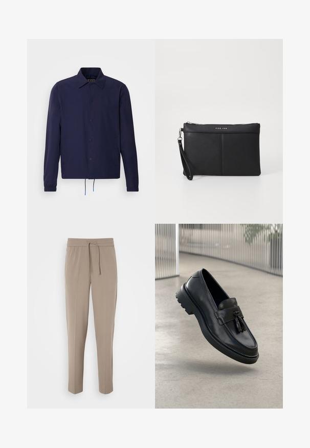 Marineblå vindjakke med krave, frontlukkede trykknapper, elastiske ærmer og justerbar kant. Har sidelommer.; Sort ærmeløs tanktop lavet af ribbet stof, med en rund halsudskæring og en lige kant. Glat tekstur med minimal detaljering.; Lys beige bukser med elastisk talje, justerbar snor og tapered ben. Stoffet ser glat ud med en let glans.; Sorte læderloafer med glat finish, dekorativ kvast, tyk gummisål og syede detaljer. Let og elegant design.; Sort syntetisk clutch med lynlåslukning, håndledsrem og en glat overflade. Har diskret syninger og et præg af logoet på fronten.