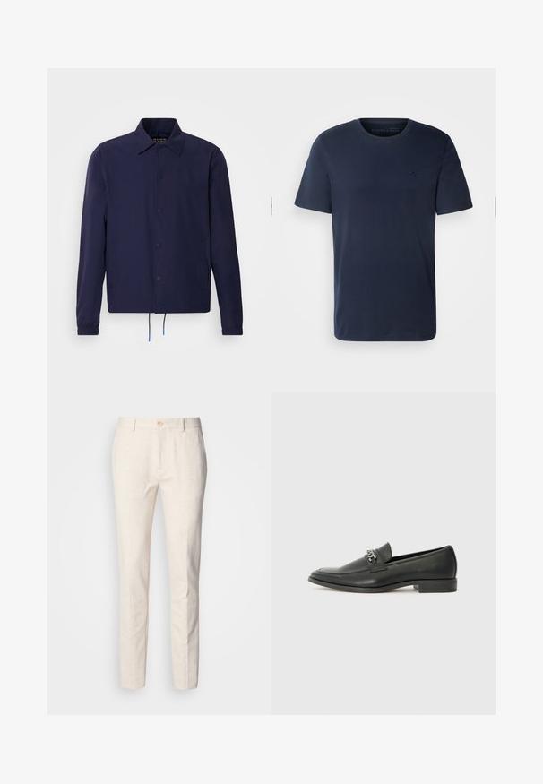 Mörkblå vindjacka med krage, framknappar, elastiska ärmslut och dragsko i nederkant. Har sidofickor.; Mörkblå bomullströja med kort ärm, rund hals och en liten broderad logotyp på bröstet. Slät textur, vanlig passform.; Ljusbeige, skräddarsydda byxor i mjukt tyg. Har en knappstängning, bältesöglor och en smal, rak benform med minimal textur.; Svart läderloafers med en slät yta, med en sydd design och en dekorativ metallkedjeaccent över västen. Platt häldesign.