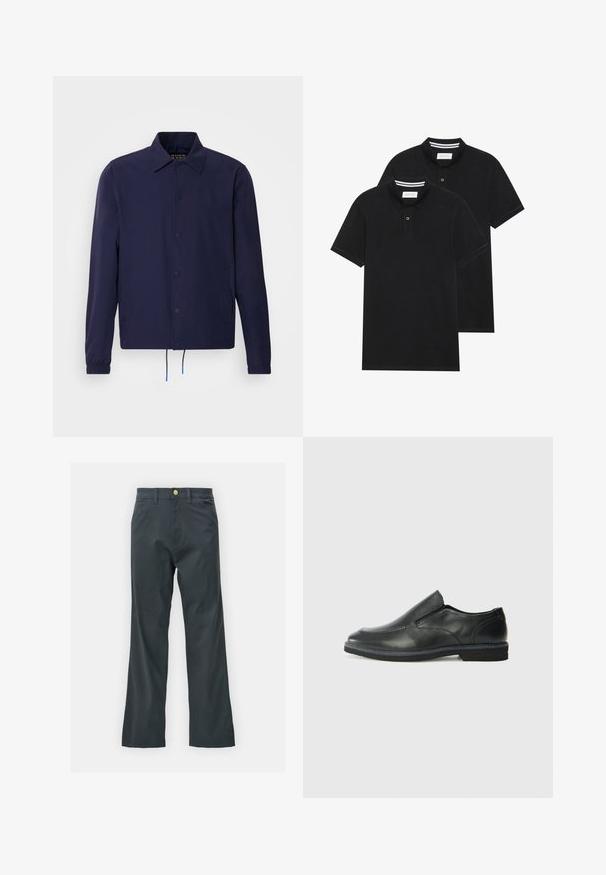 Marineblå vindjakke med krave, frontlukkede trykknapper, elastiske ærmer og justerbar kant. Har sidelommer.; To sorte polo T-shirts, kortærmede, lavet af bomuldsstof, med en klassisk krave, to-knaps placket og hvide stribede detaljer indeni kraven.; Sorte bukser med lige ben, lavet af en bomuldsblandingsstof. Har en metalknaplukning og sidelommer. Ingen synlige mønstre.; Sorte læder slip-on sko med en glat overdel, syede detaljer, rund tå og en lav gummihæl. Sålen har minimal profil.