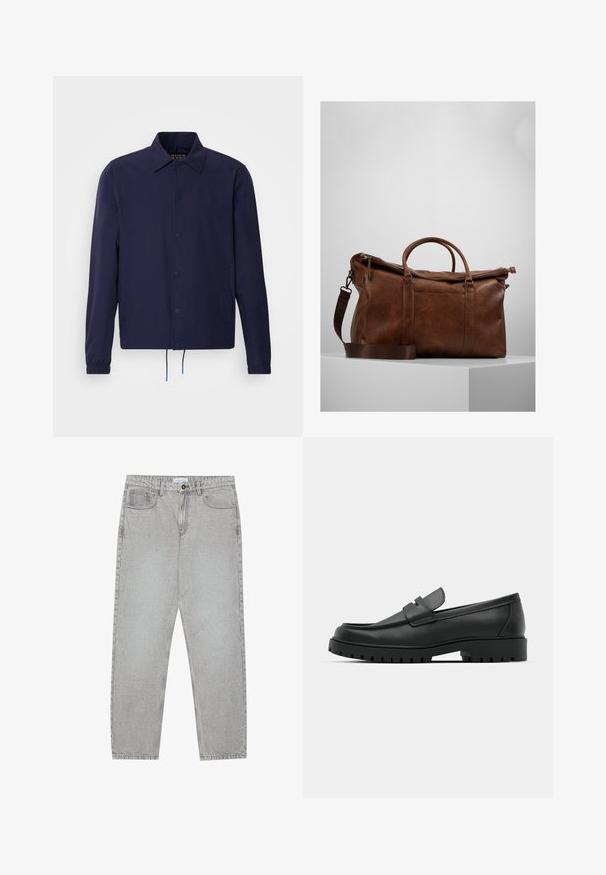 Marineblauwe windjack met een kraag, drukknoopsluiting aan de voorkant, elastische manchetten en een koordjeszoom. Voorzien van zijzakken.; Twee korte mouwen t-shirts in zwart en lichtgrijs, gemaakt van katoen, met een ronde hals en een klein logo op de borst.; Lichtgrijze denimbroek met een recht model, vijfzakkenstijl en een knoopsluiting. Zichtbare stiksels langs de naden.; Zwarte leren instappers met een ronde neus, voorzien van een gestikt ontwerp, een lage platformzool en een gestructureerde, grof rubberen buitenzool.; Bruine leren sporttas met een ritssluiting, dubbele handvaten, een verstelbare schouderband en zichtbare textuurpatronen op het oppervlak.