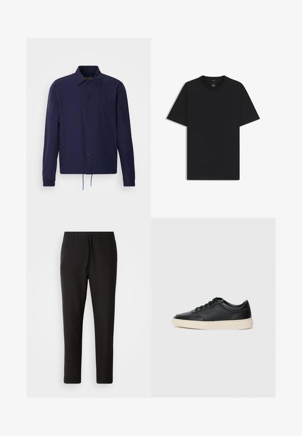 Marineblå vindjakke med krave, frontlukkede trykknapper, elastiske ærmer og justerbar kant. Har sidelommer.; Sort kortærmet T-shirt lavet af en glat bomuldsblanding, med en rund halsudskæring og et minimalistisk design uden mønstre eller accenter.; Sorte joggebukser lavet af glat stof. Har en elastisk talje med snor, tætsiddende ben og ingen synlige lommer. Enkel design.; Sort lavt top lædersneaker med sorte snørebånd og off-white sål vist i sideprofil på hvid baggrund.