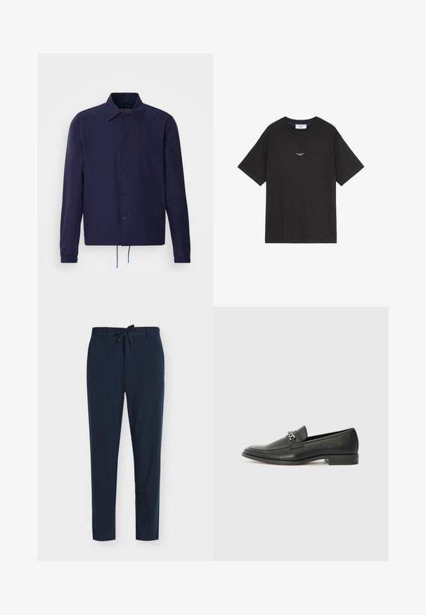 Marineblauwe windjack met een kraag, drukknoopsluiting aan de voorkant, elastische manchetten en een koordjeszoom. Voorzien van zijzakken.; Zwarte katoenen T-shirt met een ronde hals en korte mouwen. Beschikt over een klein wit logo op de voorkant. Eenvoudig ontwerp, relaxed fit.; Marineblauwe broek van gladde stof met een taillekoord, voorzien van een verticale krijtstreeppatroon en taps toelopende pijpen.; Zwarte leren instapper met een gladde afwerking, voorzien van een gestikt ontwerp en een decoratieve metalen kettingaccent over de wreef. Platte hak.