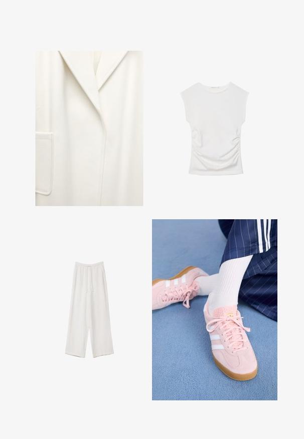 Bela plašč iz volnenega blaga z velikimi reverji, enim žepom na prsih in čistimi linijami. Mehak občutek, srednja dolžina, minimalistična estetika.; Bela top brez rokavov z okroglim izrezom in subtilnim nabiranjem ob straneh, položena na ravno podlago na belem ozadju.; Bele široke hlače iz lahkega materiala. Imajo elastičen pas s vrvico in stranske žepe. Gladka tekstura.; Svetlo roza antilopni športni copati z belimi črtami in vezalkami, z teksturirano jezičko in gumo podplatom, postavljeni na modrem tepihu.