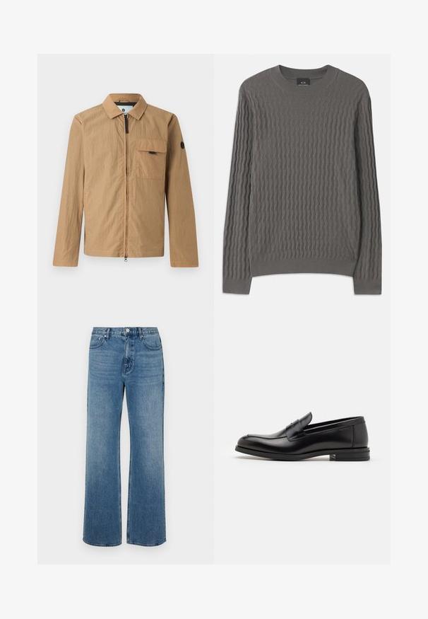 Chaqueta ligera marrón con un acabado texturizado, zipper frontal, bolsillo en el pecho y un parche con logo redondo en la manga izquierda.; Armani Exchange Jersey de punto - dark gull zig zag; Pantalones vaqueros de pierna ancha en denim con un acabado desgastado. Presenta cinco bolsillos, un cierre de botón en la parte delantera y un corte recto.; Mocasines de cuero negro con una textura suave, puntera redondeada y una tira decorativa en el empeine. Tacón bajo apilado, diseño minimalista.