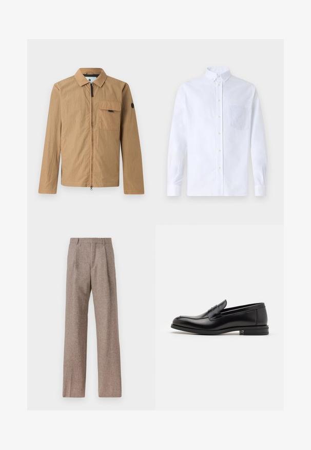 Jachetă ușoară maro cu un finisaj texturat, fermoar frontal, buzunar pe piept și o etichetă rotundă cu logo pe mâneca stângă.; Cămașă albă cu mânecă lungă, din bumbac, prevăzută cu un buzunar pe piept cu broderie tonală, guler și manșete cu buton.; Pantaloni bej, cu talie înaltă, dintr-un material texturat. Prezintă picioare late și două pliseuri frontale pentru structură. Finisaj îngrijit, fără accesorii vizibile.; Mocasini din piele neagră cu o textură netedă, vârf rotund și o curea decorativă peste partea superioară. Toc mic, design minimalist.