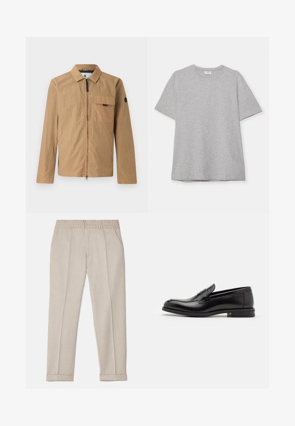 Brun letvægtsjakke med en struktureret overflade, frontlynlås, brystlomme og et rundt logo-patch på venstre ærme.; Grå kortærmet T-shirt lavet af blødt, struktureret stof. Har en klassisk rund hals og en lige kant, velegnet til afslappet brug.; Filippa K TERRY CROPPED TROUSERS - Bukser - sage melange; Sorte læderloafers med en glat overflade, rund tå og en dekorativ strop over vampen. Lav hæl med stabeldesign, minimalistisk stil.