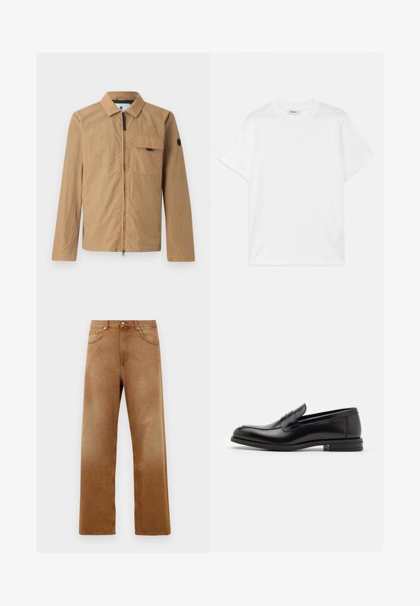 Brown lightweight jacket with a textured finish, front zipper, chest pocket, and a round logo patch on the left sleeve.; White cotton t-shirt with a round neck, short sleeves, and a subtle logo printed on the front. Smooth texture and simple design.; Brown denim wide-leg jeans with a high waist, featuring two front pockets, a button closure, and subtle texture. No visible patterns or accents.; Black leather loafers with a smooth texture, rounded toe, and a decorative strap across the vamp. Low stacked heel, minimalist design.