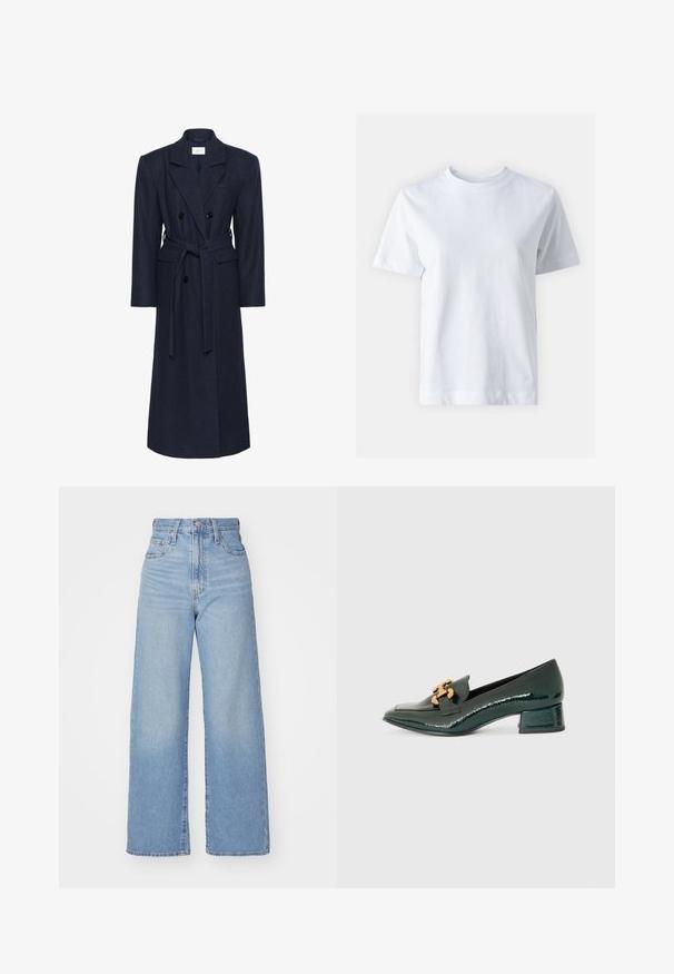 Kétsoros sötétkék gyapjú keverék kabát, hosszú ujjak, önkötős öv, két elülső zseb, dolmány gallér, texturált anyag.; Fehér pamut póló kerek nyakkal, rövid ujjal, egyenes szabással és sima textúrával. Nincsenek minták vagy díszítések.; Világoskék, magas derekú, bő szárú farmernadrág, elülső gombbal és cipzárral, elülső és hátsó zsebekkel, fehér háttérrel.; Sötétzöld lakkbőr, alacsony sarkú loafer, hegyes orral és aranyszínű fémsorral a felső részen.