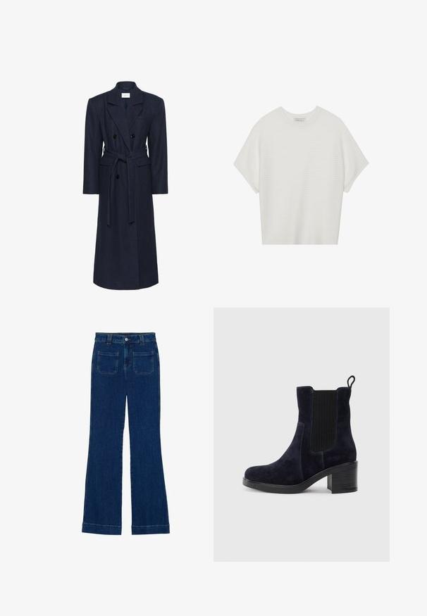Palton din amestec de lână bleumarin, cu două rânduri de nasturi, mâneci lungi, curea cu nod autoconstructată, două buzunare frontale, guler cu crestătură, material texturat.; Tricou alb cu mânecă scurtă, cu guler larg și model texturat cu dungi, realizat dintr-un material moale, având o croială lejeră și un design curat.; Jeans din denim cu fason evazat, de culoare albastru închis, cu o textură netedă, design cu cinci buzunare și închidere cu nasture la talie.; Botine din suede de culoare bleumarin, cu panou elastic pe lateral, vârf rotunjit și toc pătrat. Materialul texturat și talpa netedă oferă un contrast.