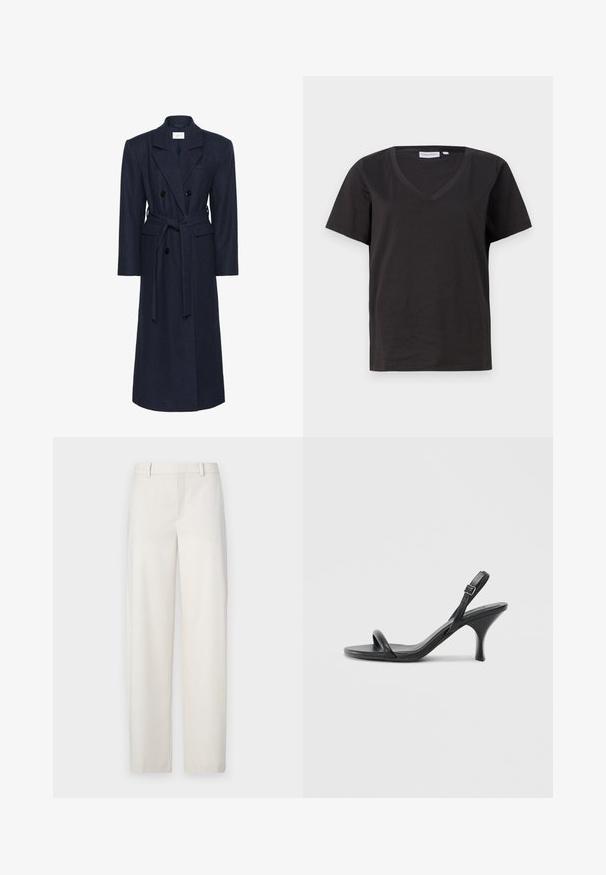 Palton din amestec de lână bleumarin, cu două rânduri de nasturi, mâneci lungi, curea cu nod autoconstructată, două buzunare frontale, guler cu crestătură, material texturat.; Tricou negru din bumbac cu decolteu în V și mâneci scurte. Design simplu, cu o croială normală și fără modele sau accente.; Pantaloni bej deschis, realizați dintr-un material neted, cu o croială dreaptă, față plată, bucle pentru curea și buzunare laterale.; Sandale cu toc înalt din piele neagră, cu un toc subțire și curbat și un design cu curea încrucișată. Curea la gleznă ajustabilă. Textură netedă.