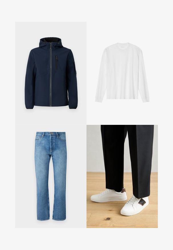 Sötétkék softshell dzseki cipzárral elöl, állítható kapucnival, oldalzsebekkel és rugalmas mandzsettákkal. Simább textúra, áramvonalas kialakítás.; Hosszú ujjú fehér pamut póló, kerek nyakkivágással és bordázott mandzsettákkal. Egyszerű, díszítés nélküli dizájn, sima tapintással és normál fazonnal.; Világoskék farmernadrág egyenes szárú szabással, klasszikus öt zsebes dizájnnal, gombos záródással és kontrasztos varrással.; Fehér sneaker, sima textúrával, barna bőr díszítéssel és fekete részletekkel, fekete szabott nadrággal párosítva. Fából készült padló háttér.