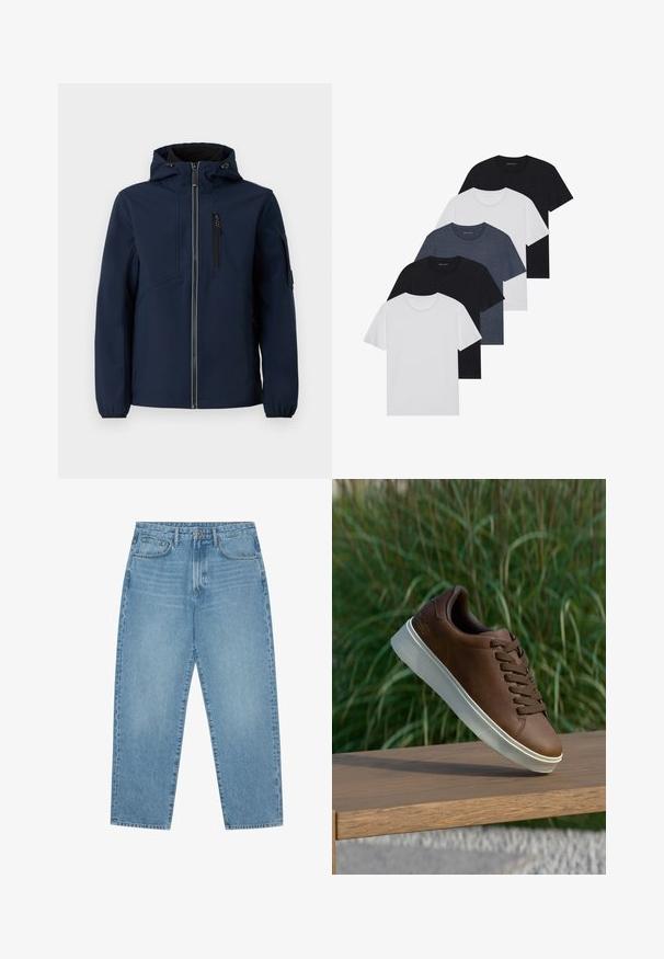 Marineblå softshell-jakke med lynlås foran, justerbar hætte, sidelommer og elastiske manchetter. Glat tekstur med strømlinet design.; Sæt af fem t-shirts i sort, hvid og marineblå. 100% bomuldsstof, korte ærmer, rund halsudskæring og ensartet overflade uden mønstre.; Lyseblå denimjeans med lige ben, fem-lomme design og en let falmet struktur. Indeholder knap- og lynlåslukning.; Brune læder sneakers med hvid gummisål, rund tå og brune snørebånd. Tekstureret greb på sålen og glat overflade på det øverste.