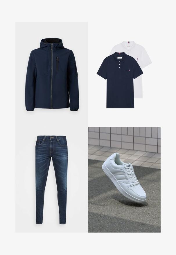 Tamsiai mėlynas minkštosios medžiagos švarkas su užtrauktuku priekyje, reguliuojama gobtuvu, šoninėmis kišenėmis ir elastingomis rankovėmis. Lygus tekstūras su aerodinaminiu dizainu.; Du keturių marškiniai: vienas tamsiai mėlynas ir vienas baltas, abu su mažais raudonais, baltais ir mėlynais akcentais ant krūtinės kišenės ir apykaklės.; Tamsiai mėlynos džinsinės kelnės su liesu siluetu, subtiliu nusidėvėjimu, penkiomis kišenėmis ir metaliniu mygtuku užsegimui. Įsiūtos akcentai kontrastinga spalva.; Baltos sportinės kedai su lygaus odos viršumi, raišteliais priekyje, perforuotu kojų pirštu ir raštuotu padu. Minimalistinis dizainas su trimis šoninėmis juostelėmis.