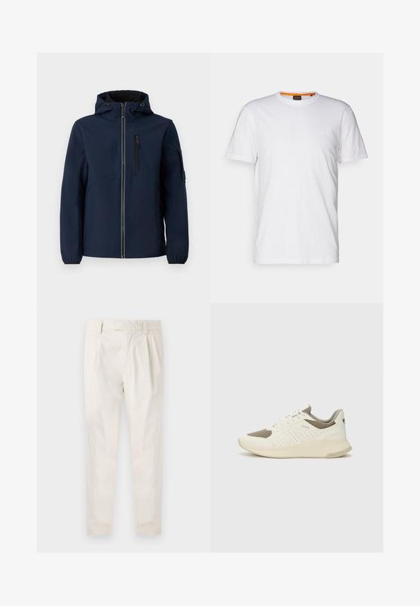 Navy blue softshell jacket with a zip front, adjustable hood, side pockets, and elastic cuffs. Smooth texture with streamlined design.; White cotton T-shirt with a crew neck, short sleeves, and a subtle embossed logo on the chest. Interior tag has an orange accent.; White, pleated trousers with a tailored fit, featuring a smooth texture, belt loops, and tapered legs. No visible pockets or patterns.; White and light beige athletic sneaker, featuring a mesh upper, perforated detailing, and a textured midsole with branding on the heel.
