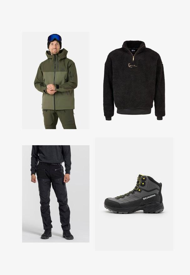 Zielonooliwkowa wodoodporna kurtka z wysokim kołnierzem, zamek z przodu, regulowane mankiety i liczne kieszenie; zestawiona z dopasowanymi spodniami.; Czarny polarowy sweter z półzamkiem i wysokim kołnierzem. Posiada złote haftowane logo oraz ściągacze przy mankietach i u dołu. Miękka, teksturowana powierzchnia.; Czarne spodnie outdoorowe wykonane z trwałej tkaniny, z wieloma zamykanymi na zamek kieszeniami, fakturowaną powierzchnią i wzmocnionymi strefami kolan. Noszone z ciemnym obuwiem.; Czarno-szare buty trekkingowe z teksturowanej tkaniny, jasnosłonecznymi akcentami, wzmocnionym noskiem i gumową podeszwą z głębokim bieżnikiem zapewniającym przyczepność.