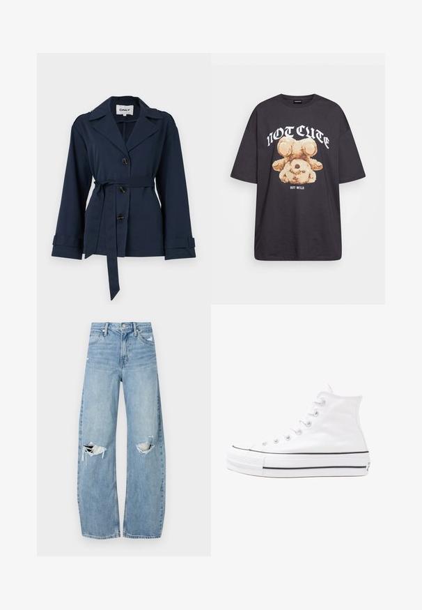 Marineblauwe lichte jas met een notch-kraag, knoopsluiting, ceintuur in de taille en lange mouwen. Heeft schouderepauletten en gestikte details.; Zwart oversized t-shirt met een afbeelding van een beer en de tekst "NIET SCHATTIG, MAAR WILD" in grote, witte letters. Gemaakt van katoen.; Lichtblauwe, hooggeritste jeans van denim. Beschikken over wijde pijpen, twee gescheurde knievalken en klassieke vijfzakken styling.; Witte high-top canvas sneakers met een zwarte rubberen zool, een rubberen neuskap aan de voorkant en zes gaatjes voor veters, met een schone, minimalistische uitstraling.
